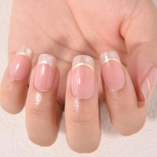 Nude Pink & Gold Line French Tip Press-On Nails Medium Square - 24 Count