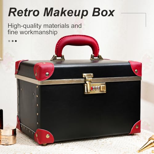 urecity Portable Retro Leather Makeup Train Case Cosmetic Organizer Case Leather Storage Box with Combination Lock (12.5", Red Crocodile)