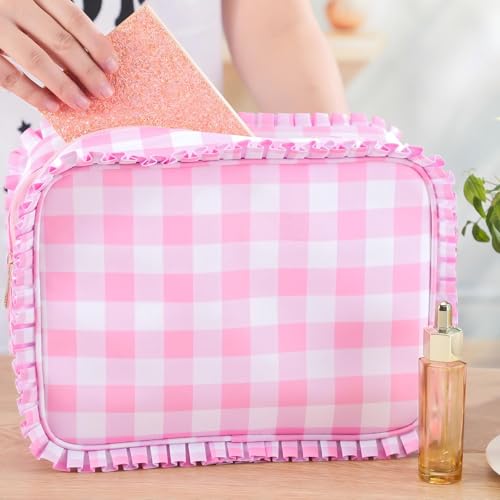 Large Pink Gingham Ruffle Makeup Bag - Stylish Travel Organizer