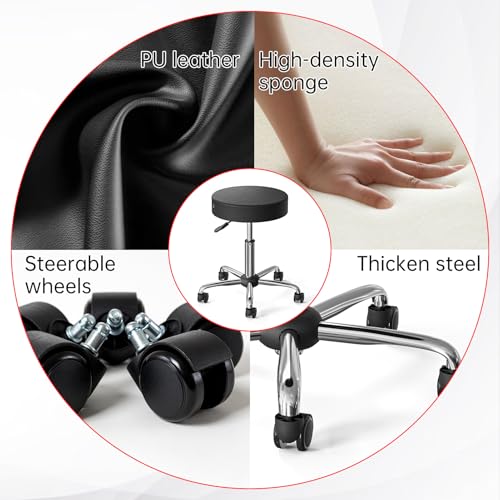 CLORIS Round Rolling Stool Hold up to 400 LBS Height Adjustable Swivel Chair Metal Feet with Wheels for Spa, Massage, Salon, Home, Office, Medical, Tatoo, Bar Black