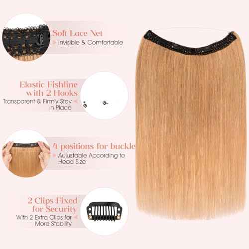 Hairro Wire Hair Extensions Human Hair, Fish Line Invisible Adjustable & Clips in Extensions Straight, 100% Real Hairpieces Seamless Blending for Women, 14 Inch 70g Dark Blonde