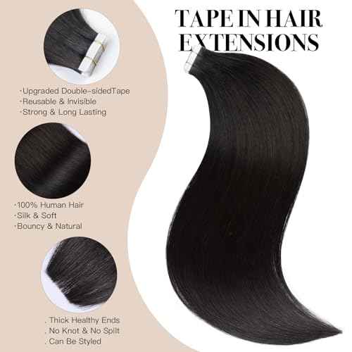 Tape in Hair Extensions £¬Real Human Hair Extension,Natural black Human Hair 14 inch 20pcs 50g,Thick Ends Straight Seamless, Invisible Tape in Hair Extensions Human Hair