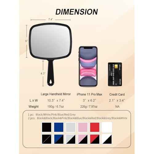 Hand Mirror Salon Barber Hairdressing Handheld Mirror with Handle (Square Black 7.4 x 10.3 inches)