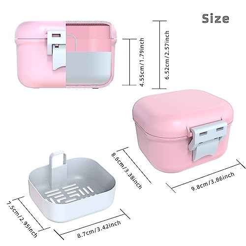 ARGOMAX Leak Proof Denture Bath Cup, Portable Soaking Denture Box, Denture Bath Case with Strainer, for Dentures and Braces (Pink + White).