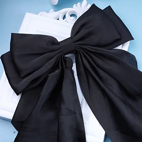 Andelaisi Vintage Silk Bow Hair Clips Black Bowknot Hair Barrettes Long Tail Silk Bow Hair Clip Barrette Large Bow Hair Accessories French Bowknot Clip Headpiece for Women and Girls Headdress (Black)