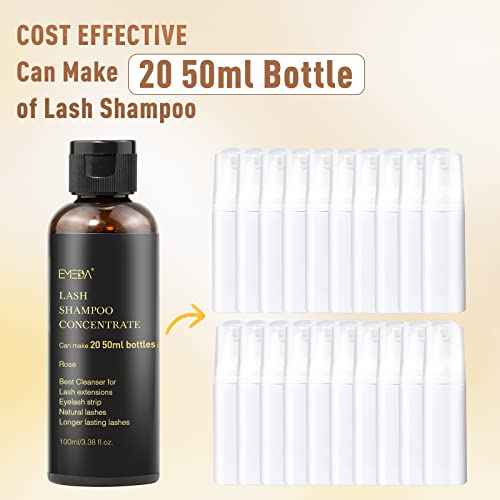 EMEDA Lash Shampoo Concentrate for Eyelash Extensions 100ml Eyelash Extension Cleanser Concentrate Bulk Liquid Kit with Brush Bottle Foam Soap Lash Bath Solution - Makes 20 Bottles 50ml Shampoo (Rose)
