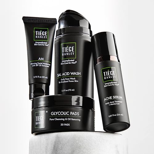 Tiege Hanley Acne Treatment Skin Care Set for Men, System Level 2, Tiegeclear Advanced Routine With Salicylic Acid Wash, Glycolic Acid Pads, Serum & Daily Moisturizer, Men¡¯s Skin Care, 4 Piece Kit