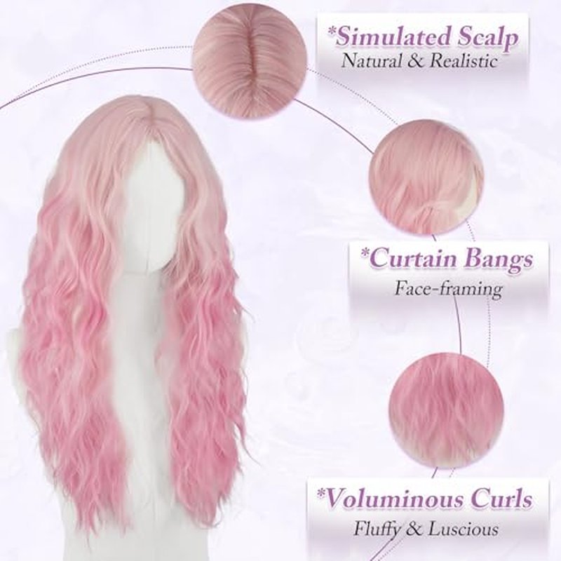 Haloo 26-Inch Pink Wig with Curtain Bangs - Wavy Curly Synthetic Hair