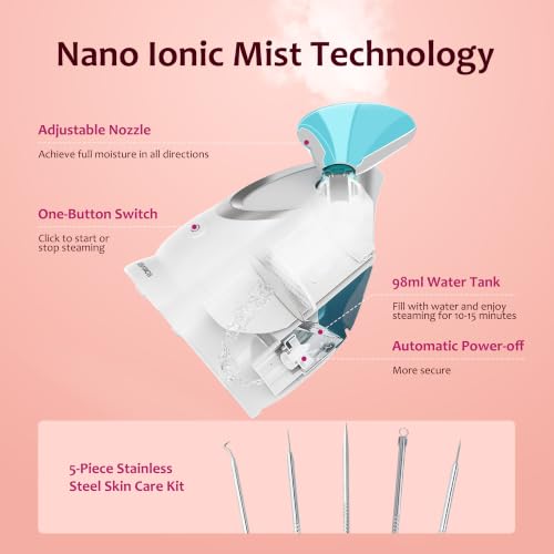 EZBASICS Nano Ionic Facial Steamer Warm Mist Face Spa with 5-Piece Skin Kit