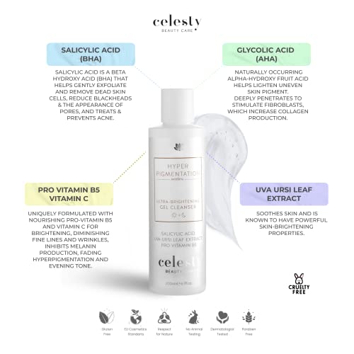 Celesty Beauty Brightening Glowing Face Wash, Facial Cleanser Gel, Vitamin C, Glycolic Acid (AHA), Salicylic Acid (BHA), Uva Ursi Leaf Extract Pro Vitamin B5 for Sensitive Smooth Skin Large 6.7 fl.oz.