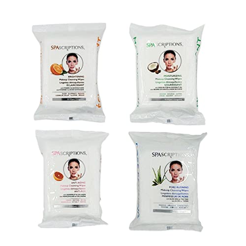 Spascriptions¢â Anti-Aging, Brightening, Moisturizing & Pore Refining Towelettes Removes Waterproof Makeup, Revives with Collagen, Vitamin C, Coconut Oil, and Aloe Hypoallergenic, 120 Ct. 4 Pack