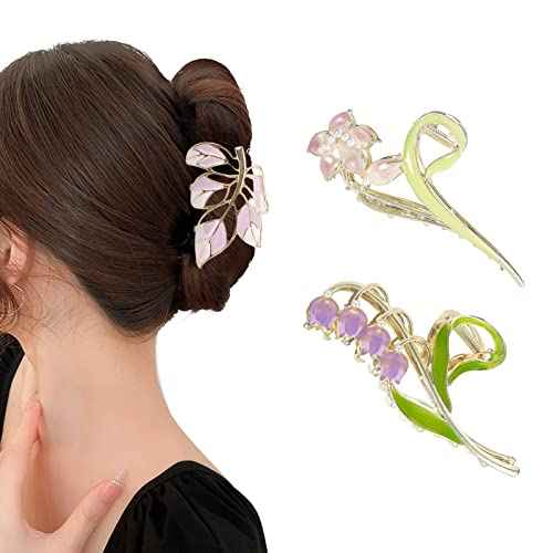 3-Piece Flower Metal Hair Clips, Purple Leaves Shape Hair Claw for Thin/Medium Hair, Elegant Lily Floral Barrettes - Strong Hold, Non-Slip Cute Accessories for Thick Hair