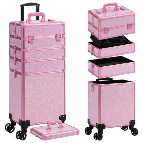 AROUS Rolling Makeup Train Case Large Storage Cosmetic Trolley 5 in 1 Large Capacity Trolley Makeup Travel Case with Key Swivel Wheels Salon Barber Case Traveling Cart Trunk, Pink