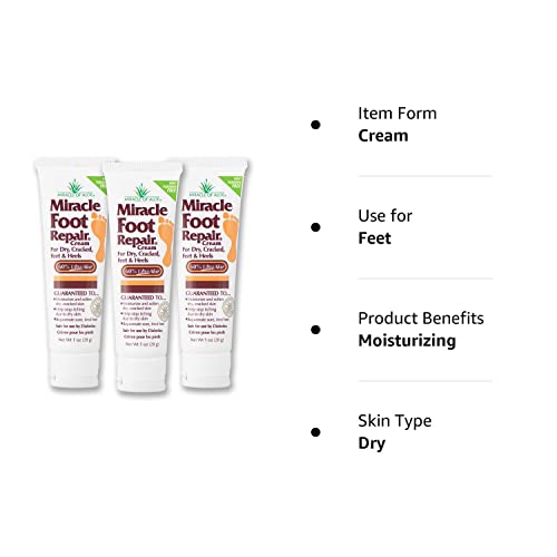 Miracle Foot Repair Cream, (1 oz / 3 Pack) Repairs Dry Cracked Heels and Feet, 60% Pure UltraAloe Moisturizes, Softens, and Repairs