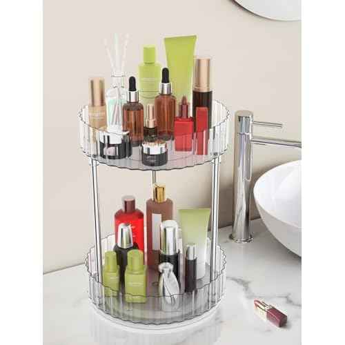 Makeup Organizer,360¡Æ Rotating Makeup Organizer, 2-Tier Round Rotating Skincare Organizer Countertop,Fits Bedroom, Bathroom, Vanity Shelf Countertop(Clear)