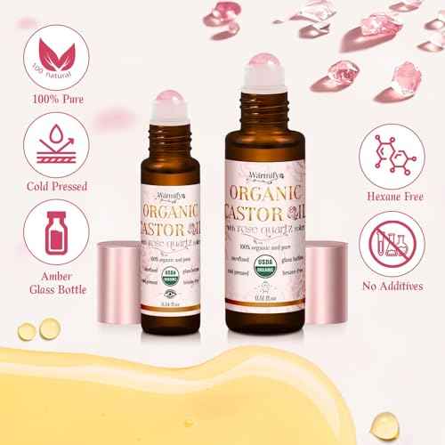 Organic Castor Oil with Real Rose Quartz Roll-On, 2 Pack for Face & Eyes ? Lash & Brow Growth, Under Eye Care, Skin Moisturizing, Cold-Pressed, Hexane-Free, Beauty Self-Care Gifts for Women