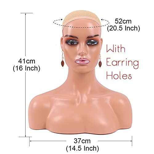 Realistic Female Mannequin Head with Shoulder for Display - Manikin Head with Shoulder for Wig/Jewelry/Makeup/Hat/Sunglass Display (Light Brown-Sliver Lips)