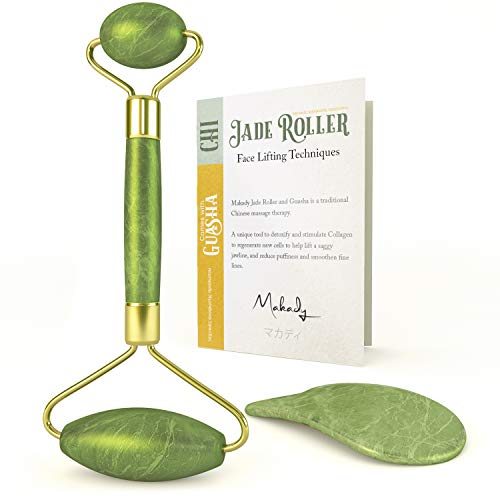 Natural Jade Roller? Gua Sha ? Lymphatic Drainage Tool for Face, Neck, Body - Anti Aging Treatment ? Reduces Wrinkles and Fine Lines