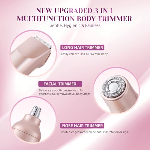 Bikini Trimmer for Women£¬3 in 1 Electric Razor with Ceramic Blades, IPX7 Waterproof, USB Rechargeable, Painless Hair Removal for Face£¬Body£¬Bikini Area, Travel Grooming Kit (Rose Gold)