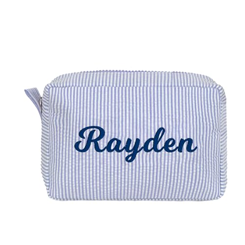 Personalized Seersucker Makeup Bag for Women - Custom Cosmetic Pouch