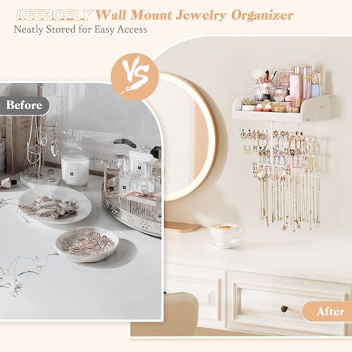 Keebofly Wall Mounted Jewelry Organizer 7-in-1 with Large Stepped Rustic Whitewood Shelves - Iron Jewelry Holder for Earring, Necklace, Bracelet Storage + Makeup/Perfume/Nail Polish Display