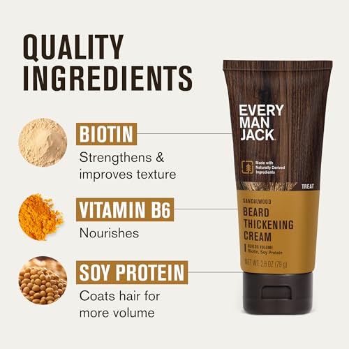 Every Man Jack Beard Thickening Cream - Strengthens, Thickens, Nourishes Beard - Light Sandalwood Scent - Made with Naturally Derived Ingredients like Biotin, Vitamin B6, Soy Protein - 2.8oz - 2 Pack