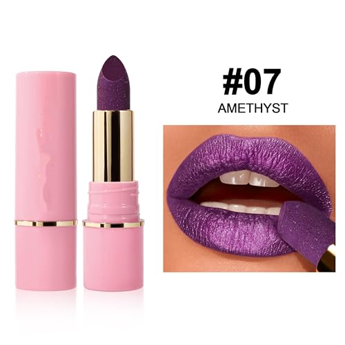 MAEPEOR Moisturizing Shiny Lipstick 8 Colors Glitter Shine Lipstick Waterproof Long Lasting Shimmer Lip Gloss (07 Amethyst)