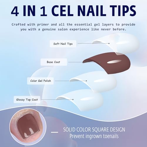 144pc Brown Square Press On Toenails Kit with Glue