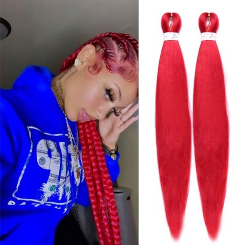 CANELIA Pre stretched Braiding Hair 26 Inch Red Braiding Hair Extensions Yaki Braids Hair Hot Water Setting Synthetic Hair Colored Braiding Hair Pre stretched Crochet Hair(26 Inch,2 Packs,Red#)