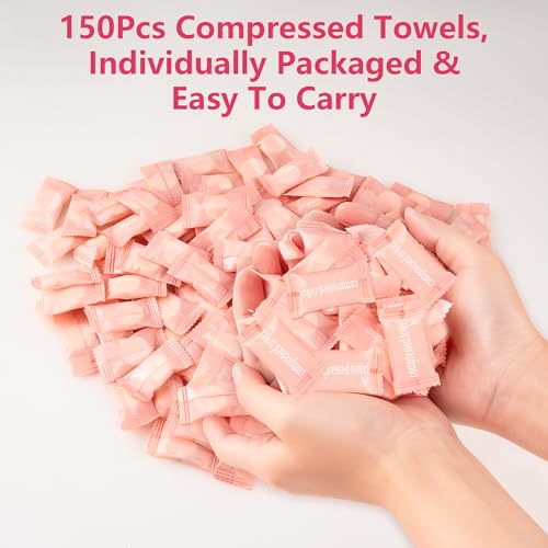 150Pcs Compressed Towel Tablets, Portable Mini Compressed Towels, Disposable Face Towel Washcloths for Travel, Beauty, Home Hand Wipes, Camping, Hiking, Outdoor Activities,Individually Wrapped MEQHUO