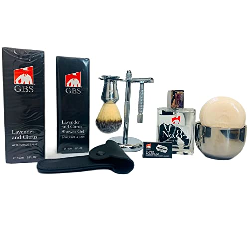 G.B.S Men¡¯s Grooming Shaving Set 9 Pieces, Butterfly Razor, Bowl with Soap, Cologne, Synthetic Bristle Brush and Razor Chrome Stand Aftershave Shower Gel