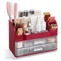 Large-Capacity Makeup Organizer with 2 Drawers & 6 Brush Holders - Red