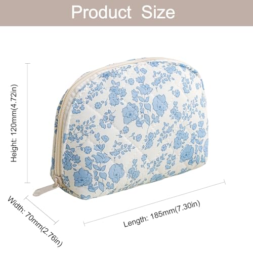 Dome Cosmetic Makeup Bag Small Cotton Quilted Makeup Pouch for Purse Cute Floral Travel Toiletry Zipper Pouch (Two Pack: (Blue Floral+ Pink Floral)