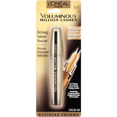 L¡¯Oreal Paris Makeup Voluminous Million Lashes Mascara, Volumizing Collagen Infused Eye Makeup, Amplifying Mascara Brush, Washable, Black, 0.32 Fl Oz., 1 Count