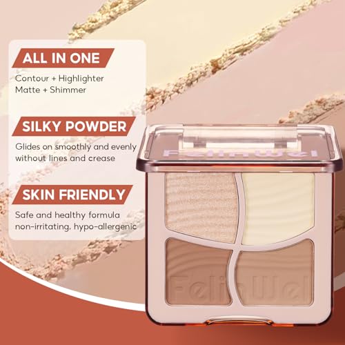 FelinWel Highlight Contour Makeup Palette Effortless Blending Matte Shimmer Highlighter Palette and Bronzer Powder for Warm Toned Skin