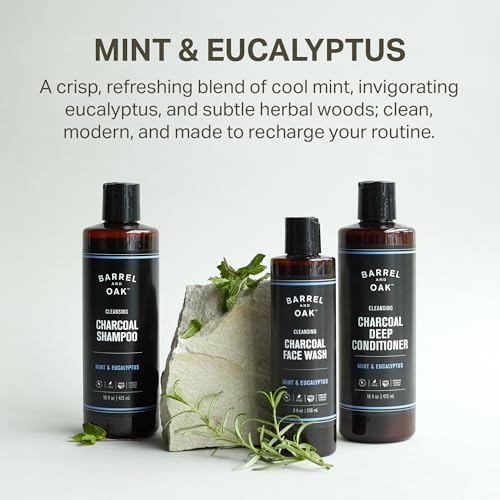 Barrel & Oak Mint & Eucalyptus Body Care Set, Charcoal Face Wash, Shampoo and Conditioner Set for Men, Cleansing Grooming Kit, Vegan Gifts for Men, 3-Pack