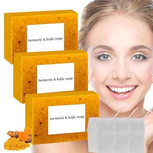 3PCS Lemon Turmeric Kojic Soap + 3 Bubble Nets | Organic Face & Body Bar | Cleansing & Exfoliating | All Skin Types