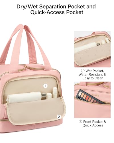 Hanke Pink Travel Toiletry Bag - Large Dual-Layer, Water-Resistant Makeup & Cosmetic Organizer
