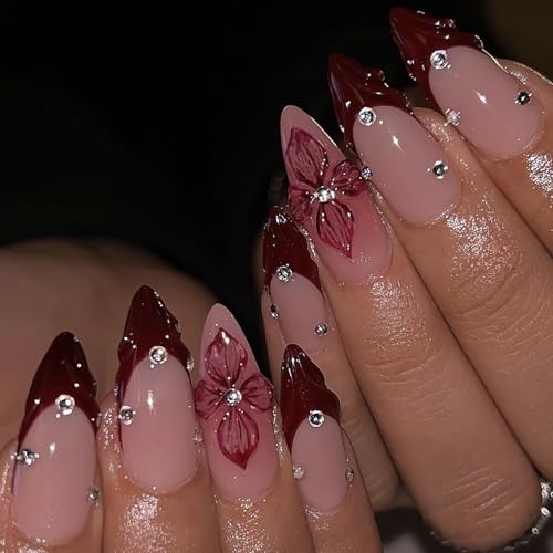 Medium Almond Red French Tip Press On Nails with Rhinestones - 24 Pcs