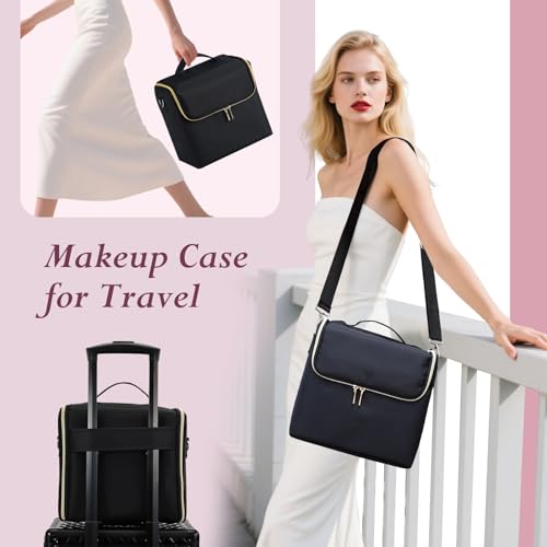 Large 4-Tier Makeup Train Case with Shoulder Strap & Luggage Sleeve