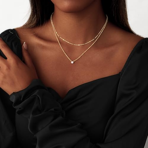 Coshilta Layered 14K Gold Plated Sterling Silver Necklace Set with Cubic Zirconia - CZ Pendant, Dainty, Stackable, Personalized Jewelry Gift - Model C-N0518-CZ