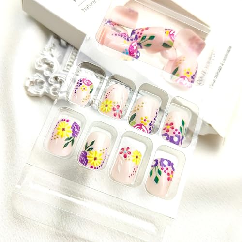 Short Square Press On Nails 24Pc with Flower Dots & French Tip