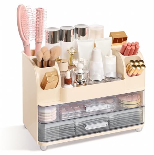Large Makeup Organizer with 2 Drawers & 6 Brush Holders - Cream