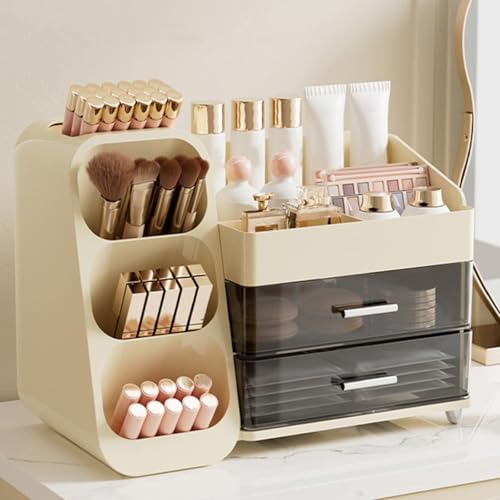 Large Makeup Organizer with Drawers, Spacious Cosmetics Display Case with Brush Holder for Vanity, Skin Care Storage Solution for Lipstick Eyeshadow Palettes Beauty Essential Bathroom