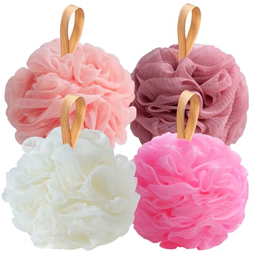 Fishent Loofah Bath Sponge, Pack of 4 Pink Soft Mesh Shower Puff