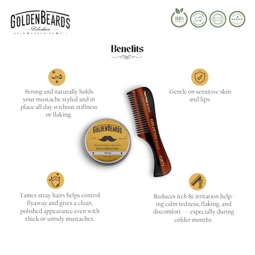 Golden Beards Mustache Wax with GB-71 Comb ? Organic & Natural Styling Wax for Men ? Strong Hold, Handmade, Vegan, Cruelty-Free Grooming Kit