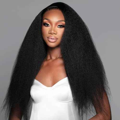 Kinky Straight Half Wig Human Hair 250 Density Yaki Straight Half Wig Headband Wig Human Hair Glueless Wigs Wear And Go Drawstring Seamless Flip Beginner Friendly Wigs for Black Women 20 Inch