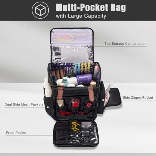 Hautton Traveling Barber Bag, Large Capacity Travel Hairdresser Case with Shoulder Strap Hairstylist Cosmetology Backpack for Hair Cutting Tools Barber Essential Supplies -Black