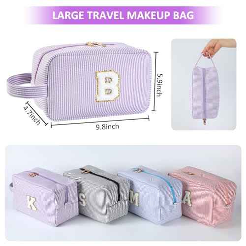 Personalized Initial Makeup Bag A-Z, Travel Toiletry Bag Preppy Make Up Bag Cosmetic Pouch Makeup Organizer for Women Birthday Christmas Gifts for Teen Girls Trendy Stuff (Purple, C)