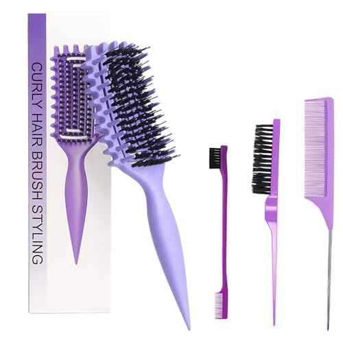 Curly Hair Brush,Curl Defining Brush plus 3 Pieces Hair Styling Comb Set(Slick Back Hair Brush,Rat Tail Comb,Edge Bristle Brush) Lightweight Vented for Combing, Shaping, Styling(Purple)